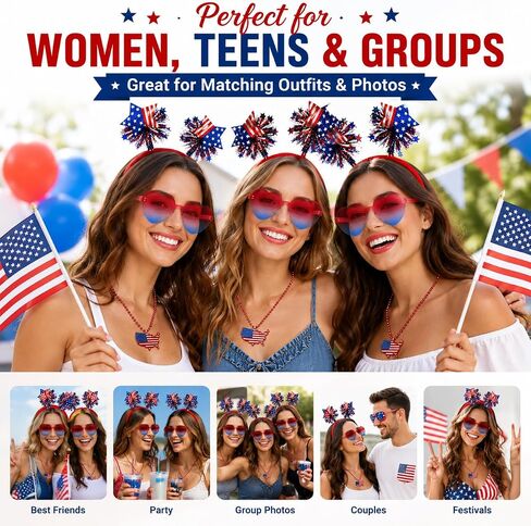 4th of July Accessories Set for Women – Patriotic Headband, Heart Shaped Sunglasses & USA Flag Necklace, Red White and Blue Accessories, Fourth of July Outfit & Memorial Day Party Supplies in Saudi Arabia