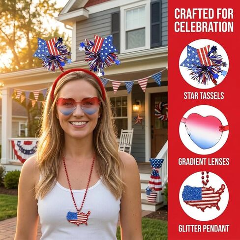4th of July Accessories Set for Women – Patriotic Headband, Heart Shaped Sunglasses & USA Flag Necklace, Red White and Blue Accessories, Fourth of July Outfit & Memorial Day Party Supplies in Saudi Arabia