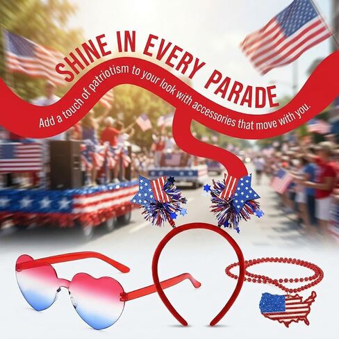 4th of July Accessories Set for Women – Patriotic Headband, Heart Shaped Sunglasses & USA Flag Necklace, Red White and Blue Accessories, Fourth of July Outfit & Memorial Day Party Supplies in Saudi Arabia