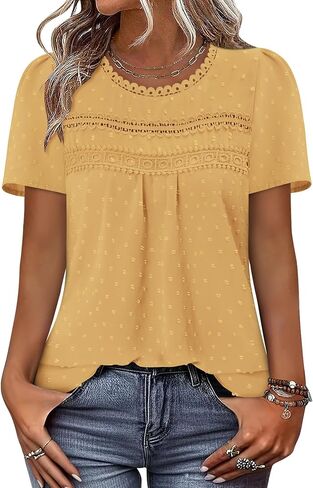 BETTE BOUTIK Summer Womens Short Sleeve Boho Tops Fashion Casual Crew Neck Shirts Swiss Dots Blouses in Saudi Arabia