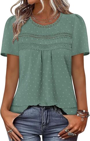 BETTE BOUTIK Summer Womens Short Sleeve Boho Tops Fashion Casual Crew Neck Shirts Swiss Dots Blouses in Saudi Arabia