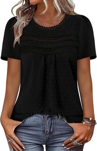 BETTE BOUTIK Summer Womens Short Sleeve Boho Tops Fashion Casual Crew Neck Shirts Swiss Dots Blouses in Saudi Arabia