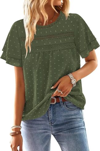 BETTE BOUTIK Summer Womens Short Sleeve Boho Tops Fashion Casual Crew Neck Shirts Swiss Dots Blouses in Saudi Arabia