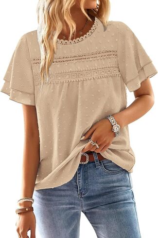 BETTE BOUTIK Summer Womens Short Sleeve Boho Tops Fashion Casual Crew Neck Shirts Swiss Dots Blouses in Saudi Arabia