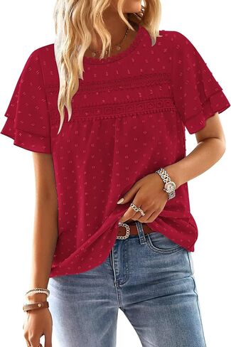 BETTE BOUTIK Summer Womens Short Sleeve Boho Tops Fashion Casual Crew Neck Shirts Swiss Dots Blouses in Saudi Arabia