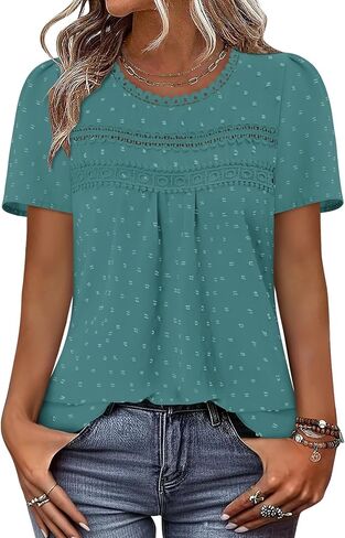 BETTE BOUTIK Summer Womens Short Sleeve Boho Tops Fashion Casual Crew Neck Shirts Swiss Dots Blouses in Saudi Arabia