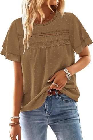 BETTE BOUTIK Summer Womens Short Sleeve Boho Tops Fashion Casual Crew Neck Shirts Swiss Dots Blouses in Saudi Arabia