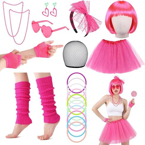 JATEBI 80s Women Costume Accessories Set for Women Party Outfit with Bob Wig TUTU Skirt Heart Sunglasses for Party Cosplay in Kuwait