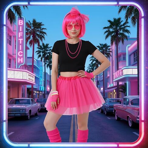 JATEBI 80s Women Costume Accessories Set for Women Party Outfit with Bob Wig TUTU Skirt Heart Sunglasses for Party Cosplay in Kuwait