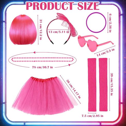 JATEBI 80s Women Costume Accessories Set for Women Party Outfit with Bob Wig TUTU Skirt Heart Sunglasses for Party Cosplay in Kuwait