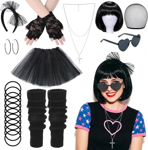 JATEBI 80s Women Costume Accessories Set for Women Party Outfit with Bob Wig TUTU Skirt Heart Sunglasses for Party Cosplay in Kuwait