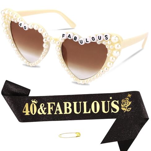 Chanaco 40th Birthday Decoration for Women 40 & Fabulous Birthday Queen Sash and Sunglasses Gold Pearl Heart Sunglasses Black Glitter Sash Gift Set Outfit for Party Decoration in Kuwait