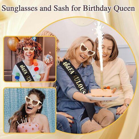 Chanaco 40th Birthday Decoration for Women 40 & Fabulous Birthday Queen Sash and Sunglasses Gold Pearl Heart Sunglasses Black Glitter Sash Gift Set Outfit for Party Decoration in Kuwait