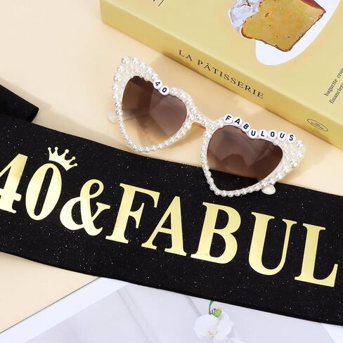 Chanaco 40th Birthday Decoration for Women 40 & Fabulous Birthday Queen Sash and Sunglasses Gold Pearl Heart Sunglasses Black Glitter Sash Gift Set Outfit for Party Decoration in Kuwait