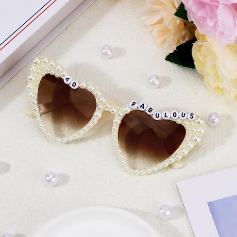 Chanaco 40th Birthday Decoration for Women 40 & Fabulous Birthday Queen Sash and Sunglasses Gold Pearl Heart Sunglasses Black Glitter Sash Gift Set Outfit for Party Decoration in Kuwait