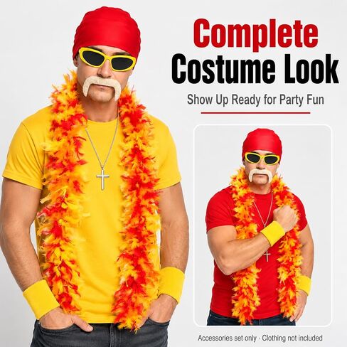 6PCS Retro Wrestler Costume Accessories Set for Adults, Red Bandana Yellow Sunglasses Feather Boa Fake Mustache Wristbands Cross Necklace for Halloween Cosplay Costume Party in Saudi Arabia