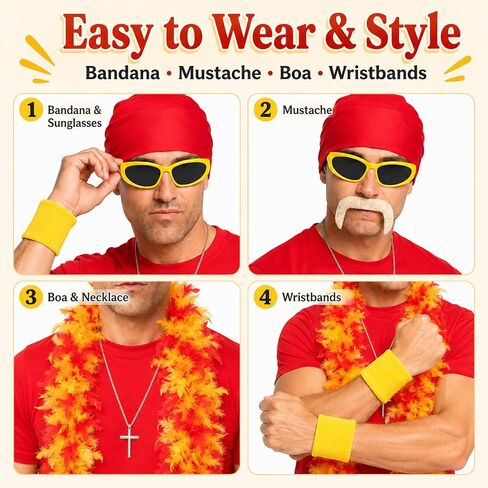 6PCS Retro Wrestler Costume Accessories Set for Adults, Red Bandana Yellow Sunglasses Feather Boa Fake Mustache Wristbands Cross Necklace for Halloween Cosplay Costume Party in Saudi Arabia
