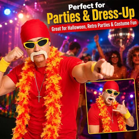 6PCS Retro Wrestler Costume Accessories Set for Adults, Red Bandana Yellow Sunglasses Feather Boa Fake Mustache Wristbands Cross Necklace for Halloween Cosplay Costume Party in Saudi Arabia