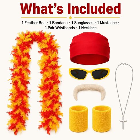 6PCS Retro Wrestler Costume Accessories Set for Adults, Red Bandana Yellow Sunglasses Feather Boa Fake Mustache Wristbands Cross Necklace for Halloween Cosplay Costume Party in Saudi Arabia