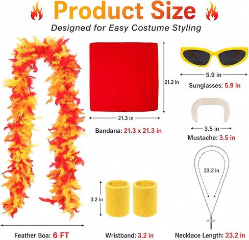 6PCS Retro Wrestler Costume Accessories Set for Adults, Red Bandana Yellow Sunglasses Feather Boa Fake Mustache Wristbands Cross Necklace for Halloween Cosplay Costume Party in Saudi Arabia
