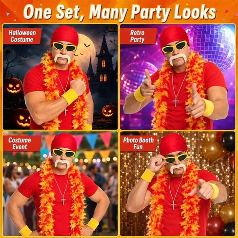 6PCS Retro Wrestler Costume Accessories Set for Adults, Red Bandana Yellow Sunglasses Feather Boa Fake Mustache Wristbands Cross Necklace for Halloween Cosplay Costume Party in Saudi Arabia