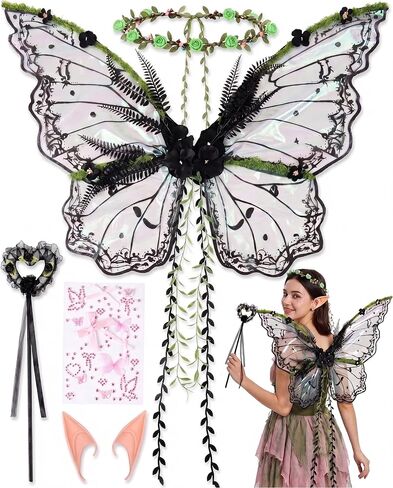 5Pcs Fairy Wings for Adults Women,Butterfly Costume Set with Elf Ears,Floral Headband,Heart Wand & Face Sticker 32"x21" in Saudi Arabia