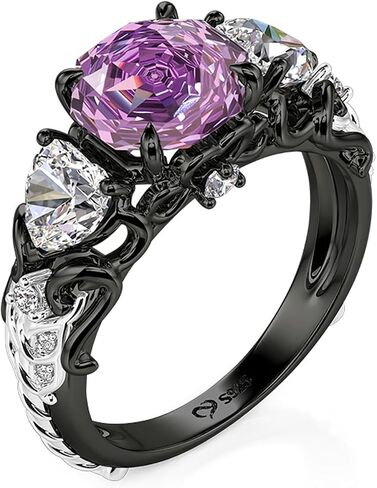Jeulia Women's Three-Stone Purple Rose Ring, Sterling Silver Black Plated, Shakespeare Inspired Midsummer Night Love-in-idleness Ring, Romantic Gift for Her in Kuwait