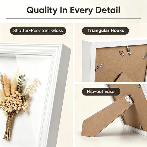 Shadow Box Frame with Shatter-Resistant Glass - 1.2" Deep Vintage Shadow Boxes Display Cases Suitable for Dried Flowers, Baby, Wedding, Graduation (White-3Pcs, 8"X 8") in Saudi Arabia