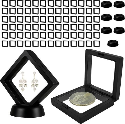 80 Pcs 3D Floating Frame Display Case, Challenge Coin Display Holder Stands, Clear PE Film Jewelry Shadow Box for Pins, AA Medallion, Military Medal, Shells, Rocks, Fossils, 2.8x2.8x0.8 Inch, Black. in Kuwait