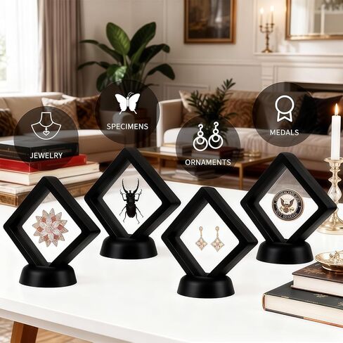 80 Pcs 3D Floating Frame Display Case, Challenge Coin Display Holder Stands, Clear PE Film Jewelry Shadow Box for Pins, AA Medallion, Military Medal, Shells, Rocks, Fossils, 2.8x2.8x0.8 Inch, Black. in Kuwait