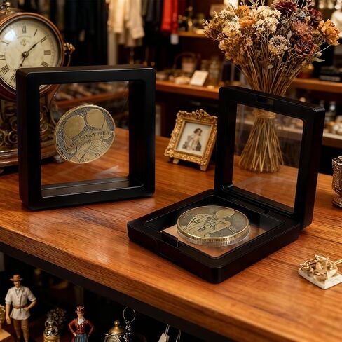 80 Pcs 3D Floating Frame Display Case, Challenge Coin Display Holder Stands, Clear PE Film Jewelry Shadow Box for Pins, AA Medallion, Military Medal, Shells, Rocks, Fossils, 2.8x2.8x0.8 Inch, Black. in Kuwait