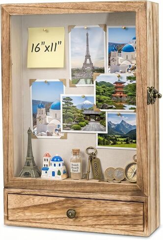 16 x 11 Inch Shadow Box Display Case with Drawer, Deep Shadow Box Frame with Front Acrylic Window, Wooden Shadow Box Display Case for Keepsakes, Photos, Dried Flowers and Collectibles in Saudi Arabia