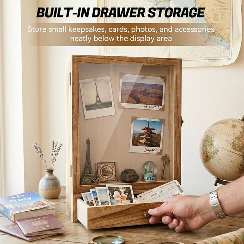 16 x 11 Inch Shadow Box Display Case with Drawer, Deep Shadow Box Frame with Front Acrylic Window, Wooden Shadow Box Display Case for Keepsakes, Photos, Dried Flowers and Collectibles in Saudi Arabia