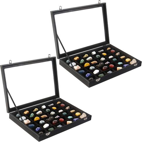 2 Pack Rock Collection Display Case, 36 Grids PU Leather Rock Collection Box with Glass Lid and Velvet Lining, Crystal Storage Organizer for Gemstones, Tumbled Stones, Minerals, Fossil (Black) in Saudi Arabia