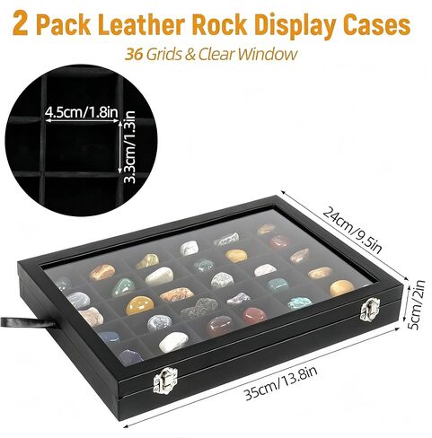 2 Pack Rock Collection Display Case, 36 Grids PU Leather Rock Collection Box with Glass Lid and Velvet Lining, Crystal Storage Organizer for Gemstones, Tumbled Stones, Minerals, Fossil (Black) in Saudi Arabia