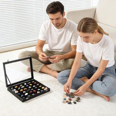 2 Pack Rock Collection Display Case, 36 Grids PU Leather Rock Collection Box with Glass Lid and Velvet Lining, Crystal Storage Organizer for Gemstones, Tumbled Stones, Minerals, Fossil (Black) in Saudi Arabia