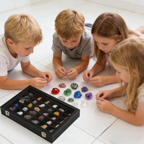 2 Pack Rock Collection Display Case, 36 Grids PU Leather Rock Collection Box with Glass Lid and Velvet Lining, Crystal Storage Organizer for Gemstones, Tumbled Stones, Minerals, Fossil (Black) in Saudi Arabia
