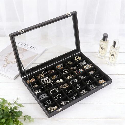 2 Pack Rock Collection Display Case, 36 Grids PU Leather Rock Collection Box with Glass Lid and Velvet Lining, Crystal Storage Organizer for Gemstones, Tumbled Stones, Minerals, Fossil (Black) in Saudi Arabia