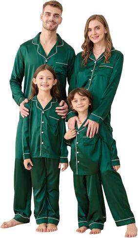Satin Family Christmas Pajamas Set, Soft Button Down Holiday Sleepwear Matching PJs for Couple Men Women Jammies Party in Saudi Arabia