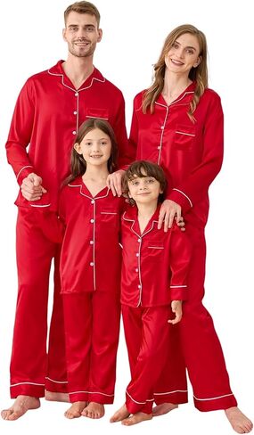 Satin Family Christmas Pajamas Set, Soft Button Down Holiday Sleepwear Matching PJs for Couple Men Women Jammies Party in Saudi Arabia