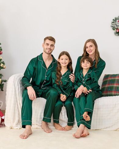 Satin Family Christmas Pajamas Set, Soft Button Down Holiday Sleepwear Matching PJs for Couple Men Women Jammies Party in Saudi Arabia