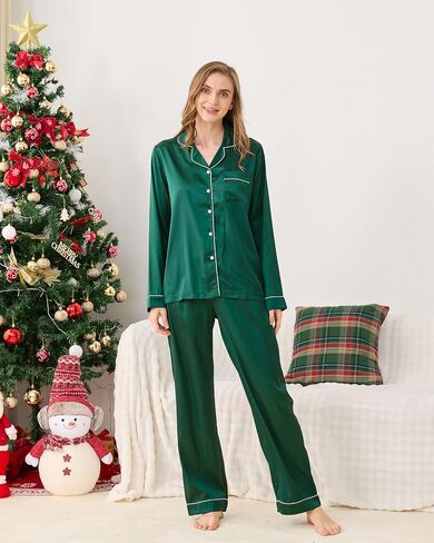 Satin Family Christmas Pajamas Set, Soft Button Down Holiday Sleepwear Matching PJs for Couple Men Women Jammies Party in Saudi Arabia