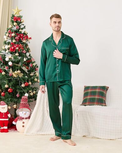 Satin Family Christmas Pajamas Set, Soft Button Down Holiday Sleepwear Matching PJs for Couple Men Women Jammies Party in Saudi Arabia