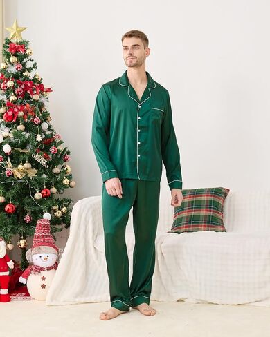 Satin Family Christmas Pajamas Set, Soft Button Down Holiday Sleepwear Matching PJs for Couple Men Women Jammies Party in Saudi Arabia