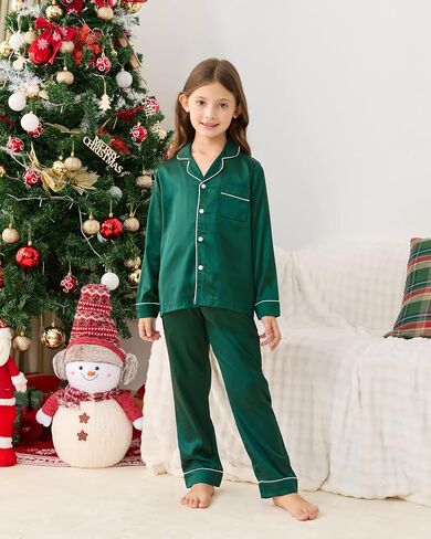Satin Family Christmas Pajamas Set, Soft Button Down Holiday Sleepwear Matching PJs for Couple Men Women Jammies Party in Saudi Arabia