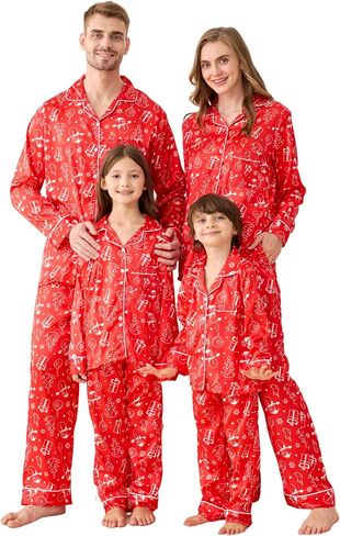 Satin Family Christmas Pajamas Set, Soft Button Down Holiday Sleepwear Matching PJs for Couple Men Women Jammies Party in Saudi Arabia