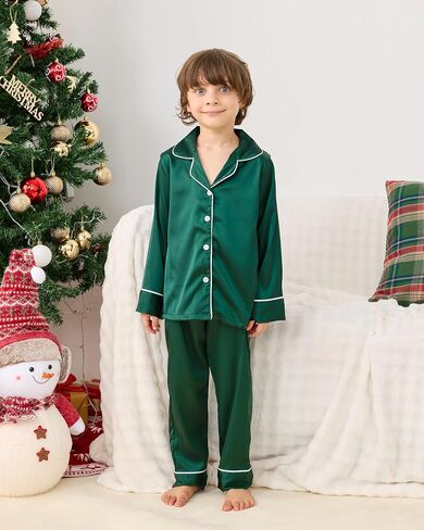 Satin Family Christmas Pajamas Set, Soft Button Down Holiday Sleepwear Matching PJs for Couple Men Women Jammies Party in Saudi Arabia