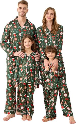 Satin Family Christmas Pajamas Set, Soft Button Down Holiday Sleepwear Matching PJs for Couple Men Women Jammies Party in Saudi Arabia