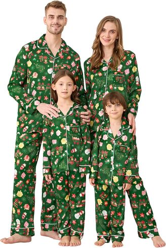Satin Family Christmas Pajamas Set, Soft Button Down Holiday Sleepwear Matching PJs for Couple Men Women Jammies Party in Saudi Arabia
