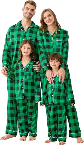 Satin Family Christmas Pajamas Set, Soft Button Down Holiday Sleepwear Matching PJs for Couple Men Women Jammies Party in Saudi Arabia